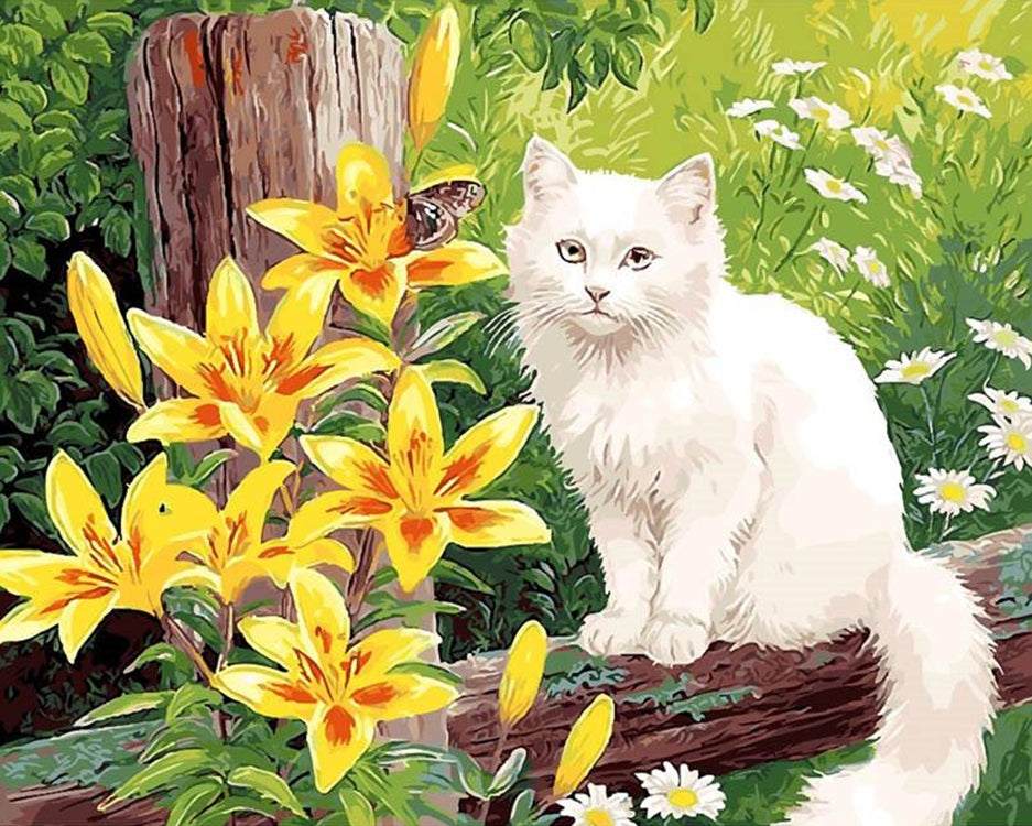 Gele Lelie met Witte Kat Schilderen op Nummers