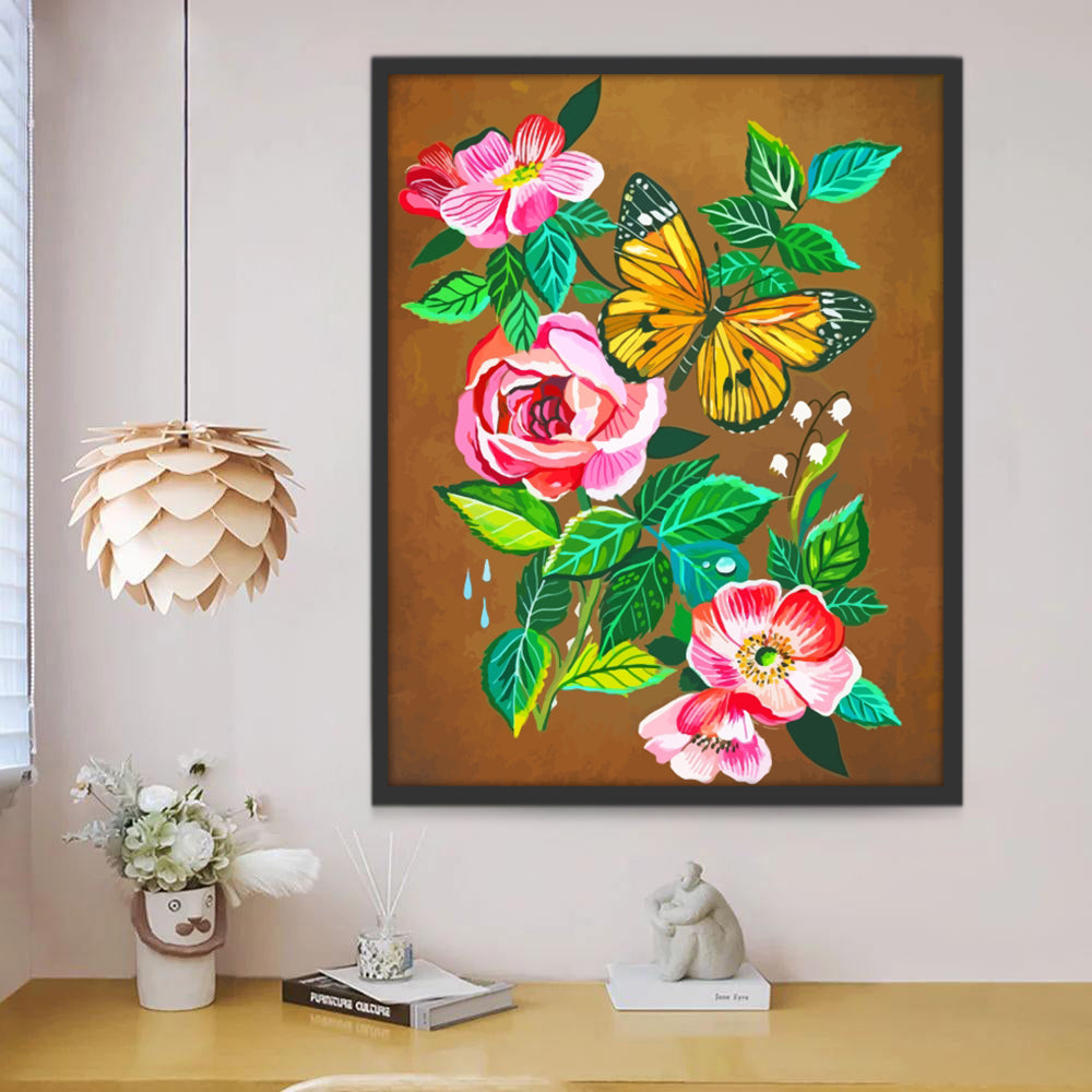 Gele Vlinder en Roze Bloemen Schilderen op Nummers