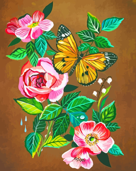 Gele Vlinder en Roze Bloemen Schilderen op Nummers