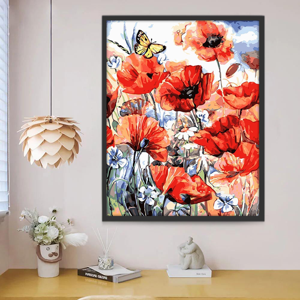 Gele Vlinder in Rode Bloemen Schilderen op Nummers