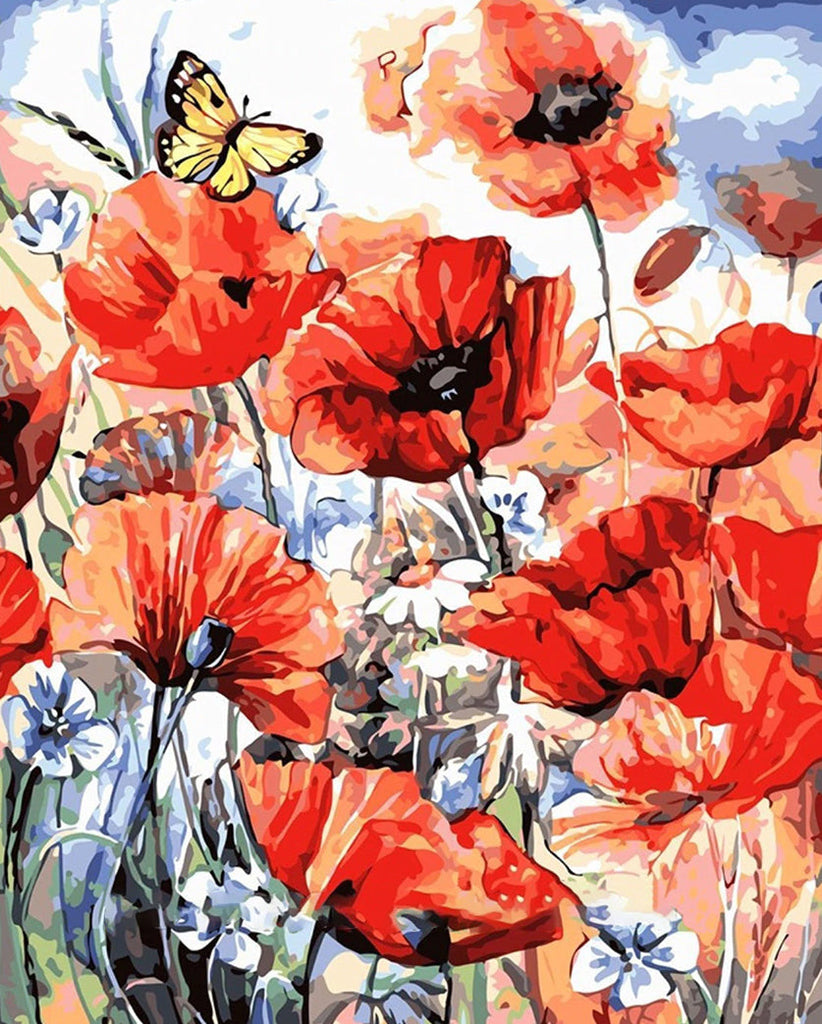 Gele Vlinder in Rode Bloemen Schilderen op Nummers