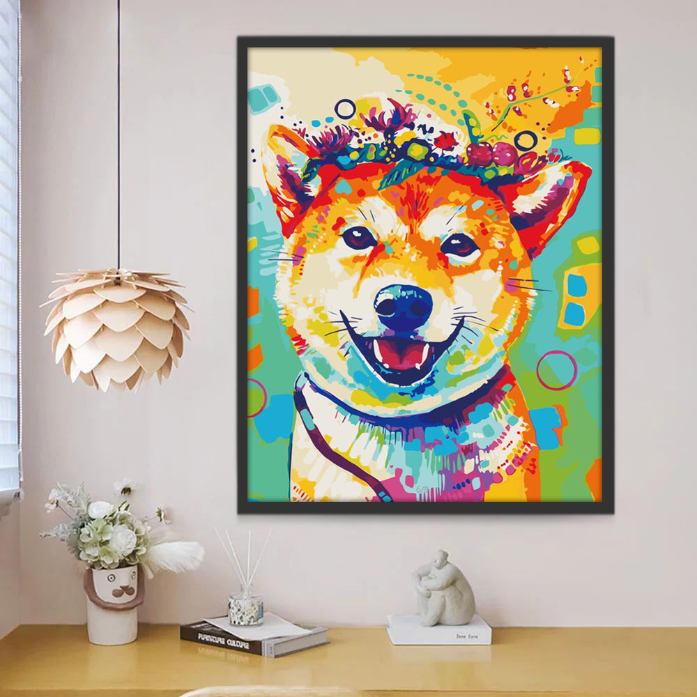 Gelukkige Shiba Inu met een Bloemenkrans Schilderen op Nummers
