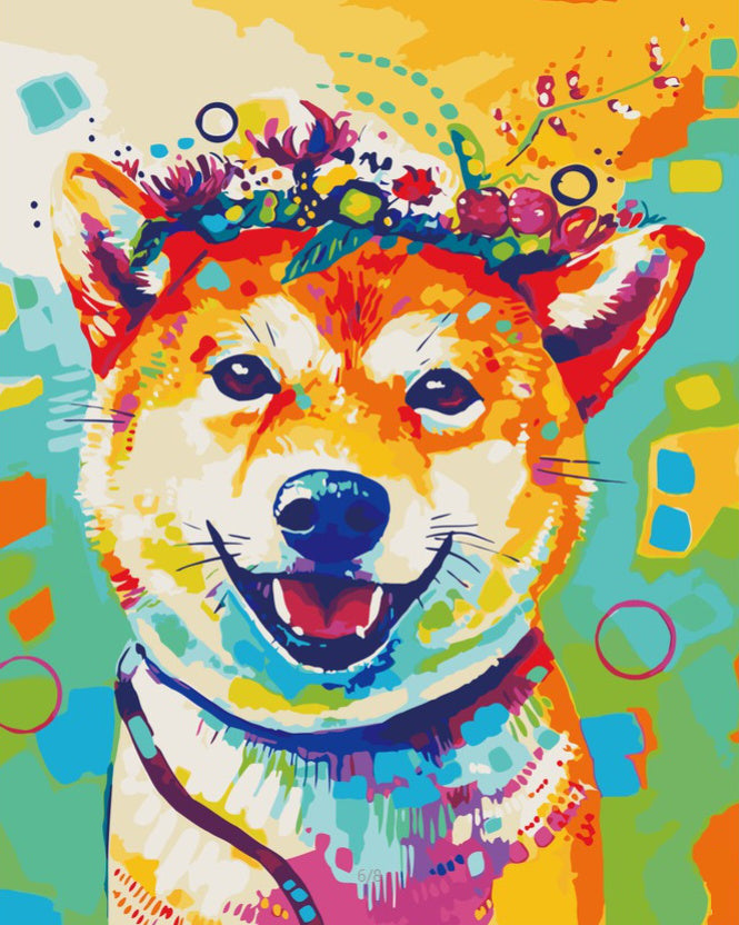 Gelukkige Shiba Inu met een Bloemenkrans Schilderen op Nummers
