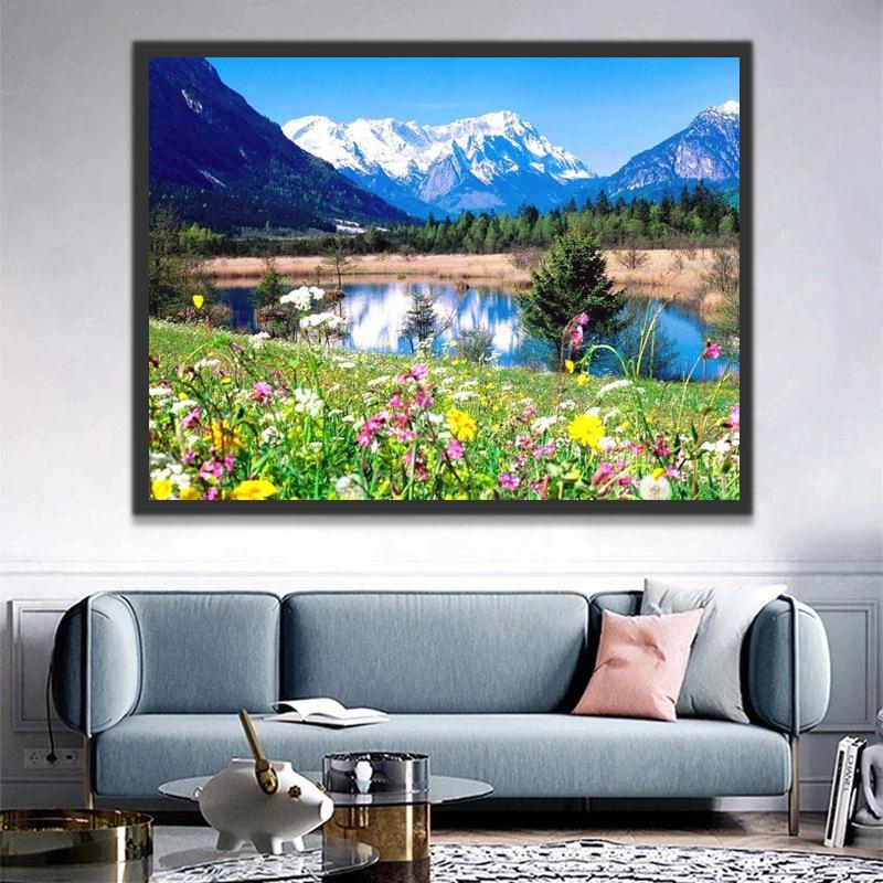 Gelukzalig Berglandschap met Bloemen Schilderen op Nummers