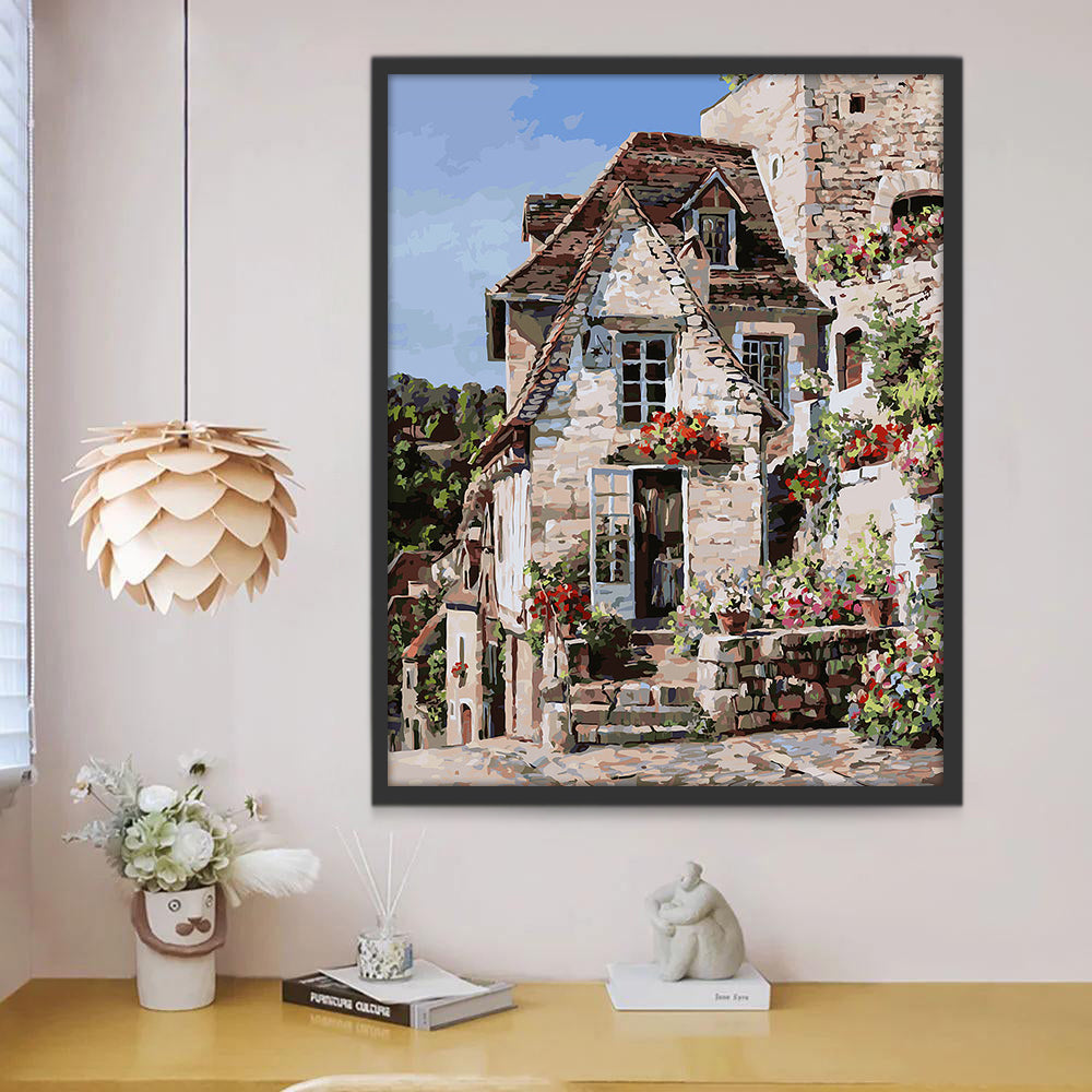 Gezellig Stenen Huis met Bloemendecoratie Schilderen op Nummers