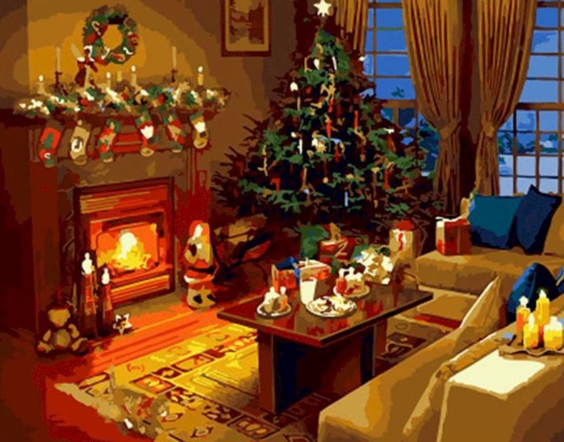 Gezellige Woonkamer voor Kerstmis Schilderen op Nummers