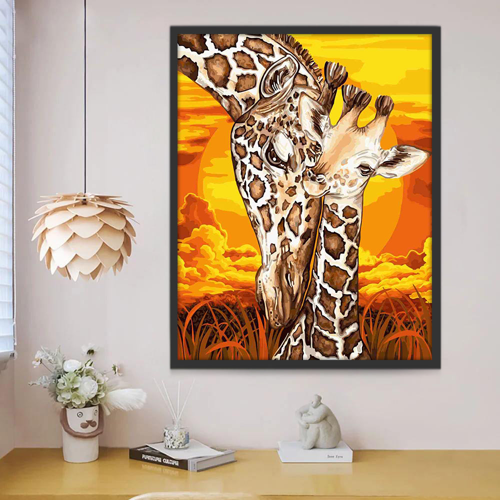Giraffe Moeder en Kind bij Zonsondergang Schilderen op Nummers