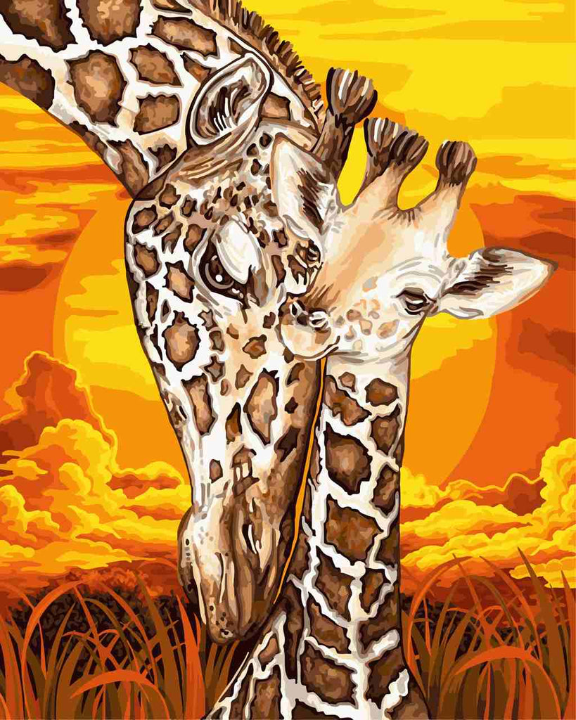 Giraffe Moeder en Kind bij Zonsondergang Schilderen op Nummers
