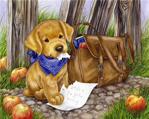 Golden Retriever, Appels, Schooltas Schilderen op Nummers