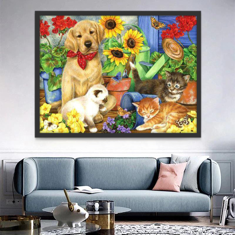Golden Retriever en Drie Katten in de Tuin Schilderen op Nummers