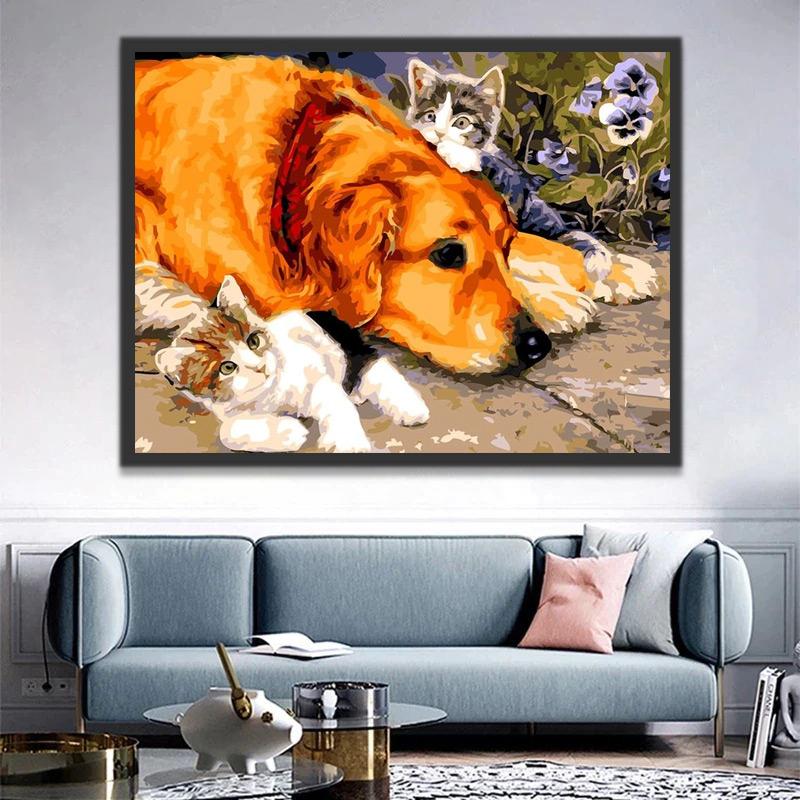 Golden Retriever en Twee Katten Schilderen op Nummers