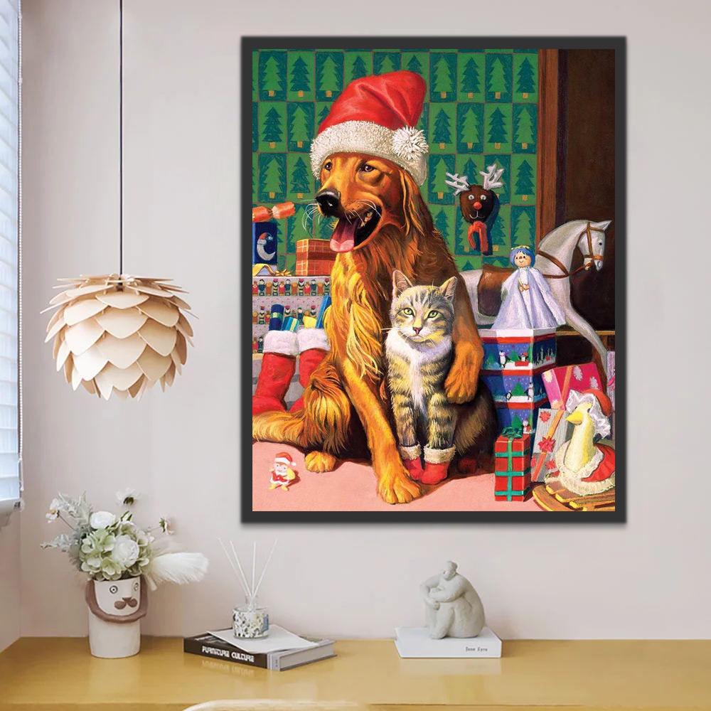 Golden Retriever met Kerstmuts en Kat Schilderen op Nummers