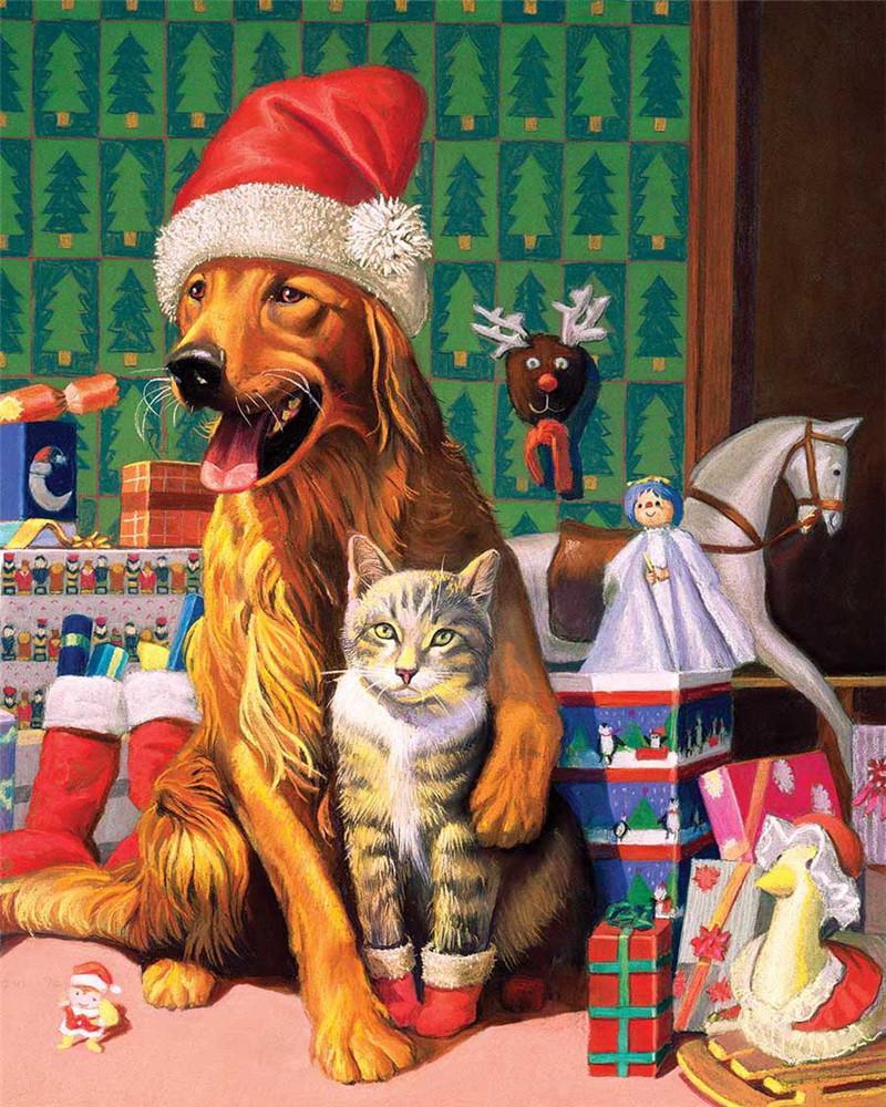Golden Retriever met Kerstmuts en Kat Schilderen op Nummers
