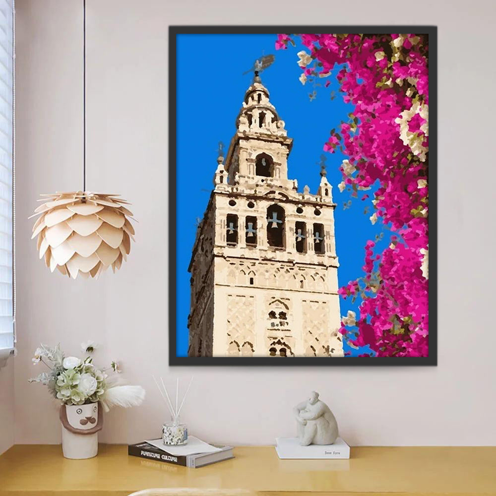 Gotische Toren met Bloemen tegen Blauwe Hemel Schilderen op Nummers