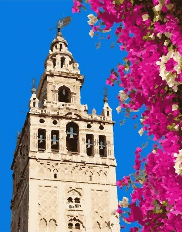 Gotische Toren met Bloemen tegen Blauwe Hemel Schilderen op Nummers