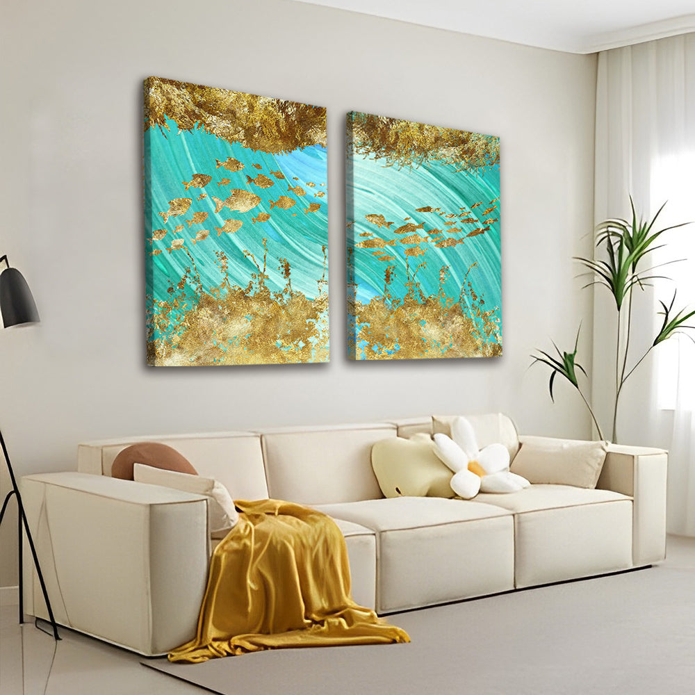 Gouden Vissen in Blauwe Zee 2 Platen Schilderen op Nummers
