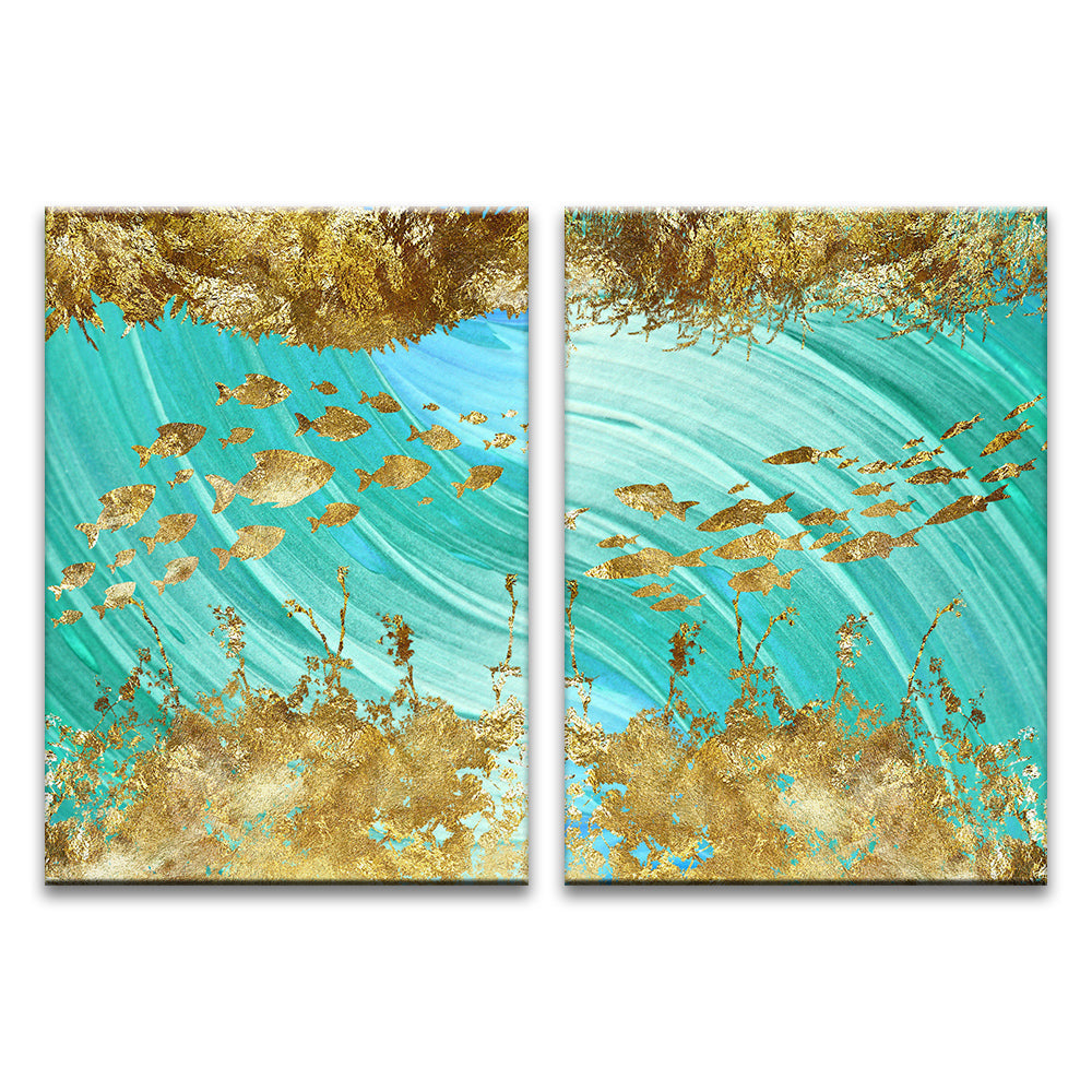 Gouden Vissen in Blauwe Zee 2 Platen Schilderen op Nummers
