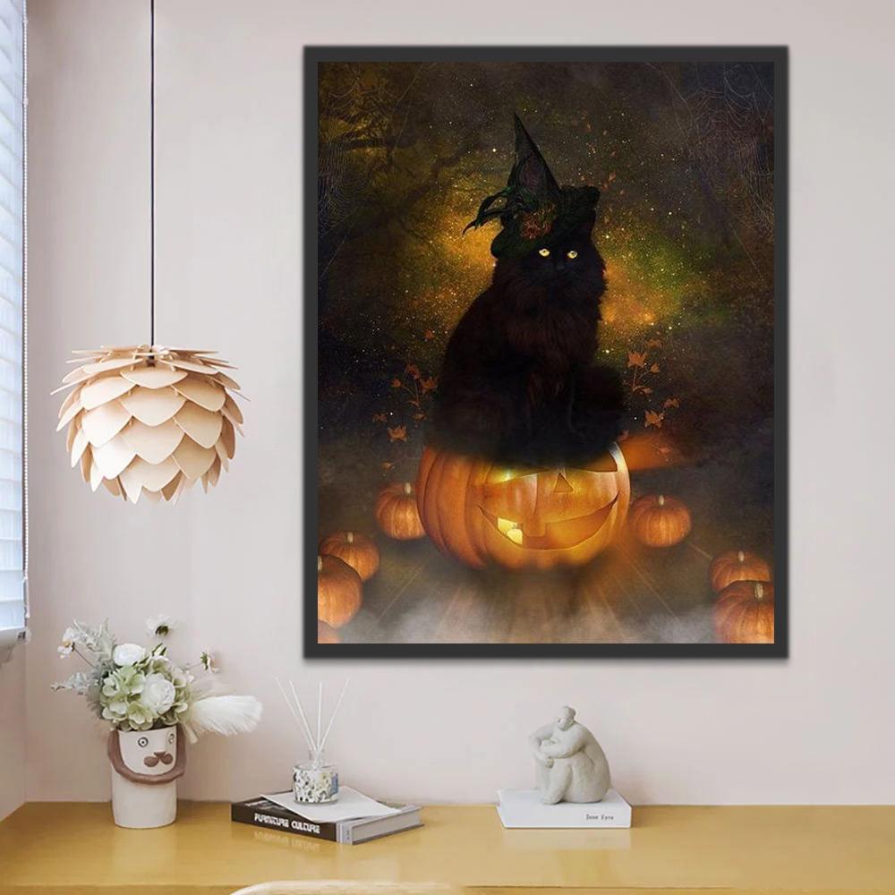 Griezelige Zwarte Kat op Halloween Pompoenlamp Schilderen op Nummers