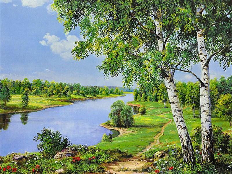 Groene Bomen en Rivier Schilderen op Nummers