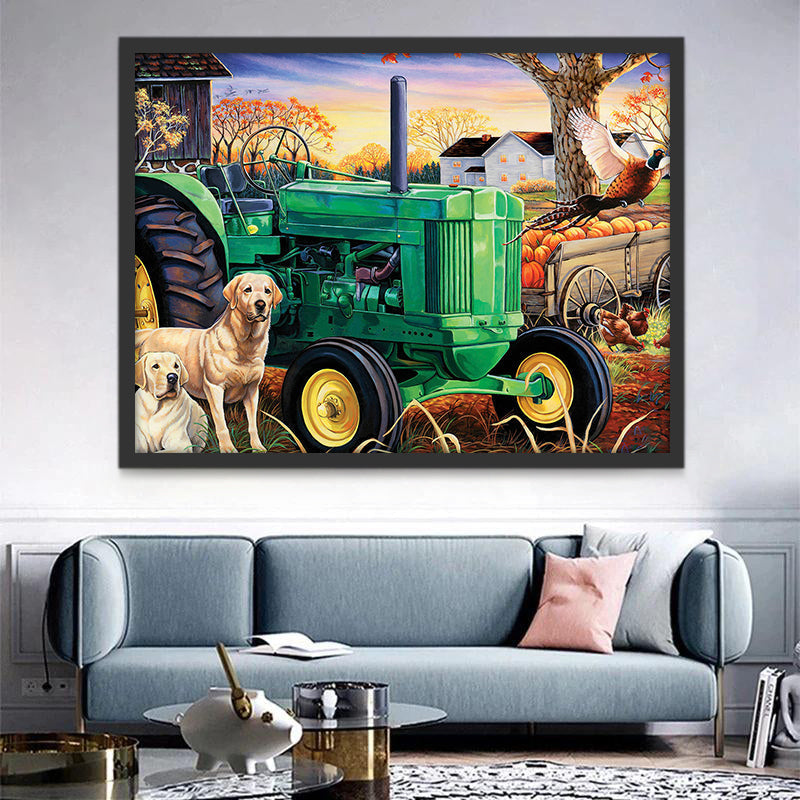 Groene Tractor met Honden in Herfstlandschap Schilderen op Nummers