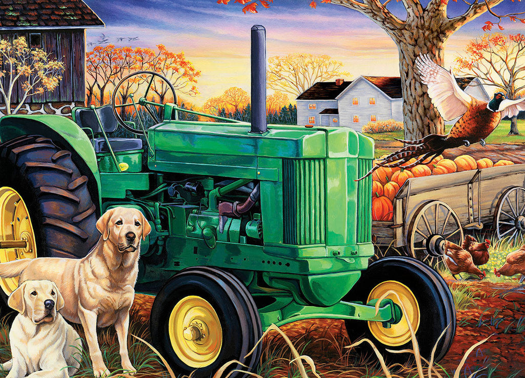 Groene Tractor met Honden in Herfstlandschap Schilderen op Nummers