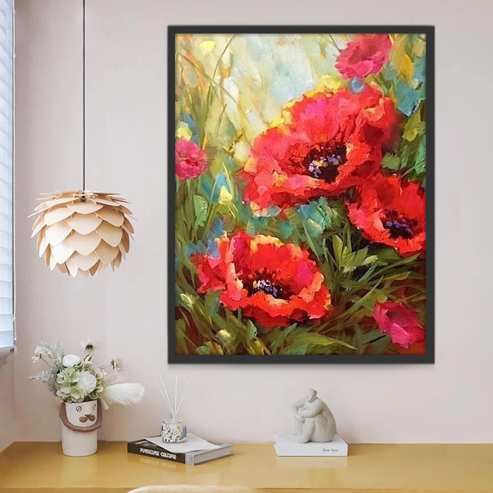 Grote rode bloemen in het gras Schilderen op Nummers