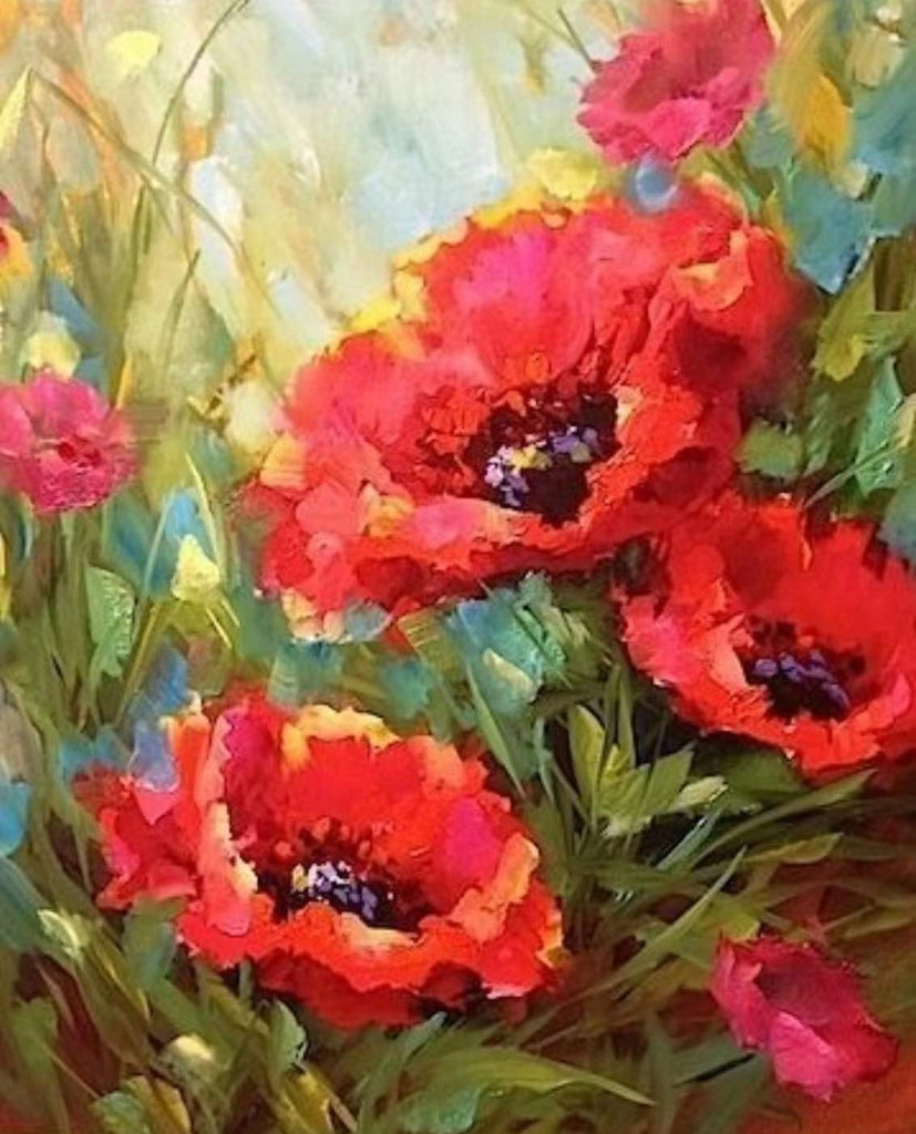 Grote rode bloemen in het gras Schilderen op Nummers