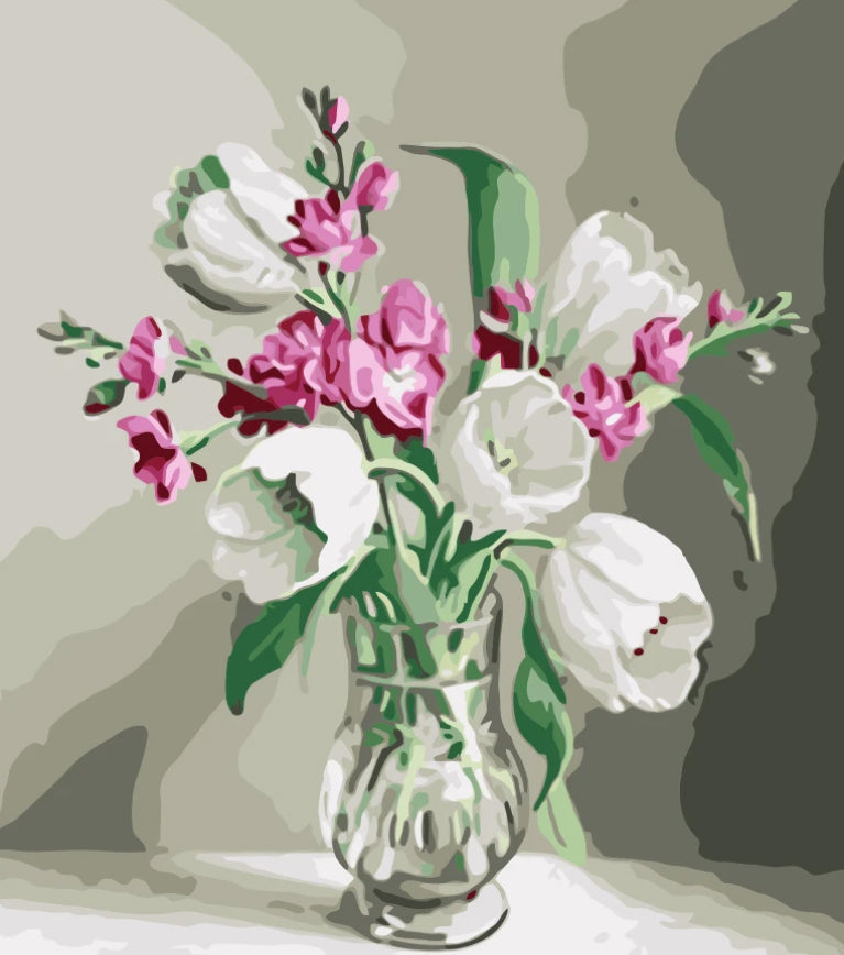 Grote Witte Bloemen en Kleine Roze Bloemen in een Heldere Vaas Schilderen op Nummers