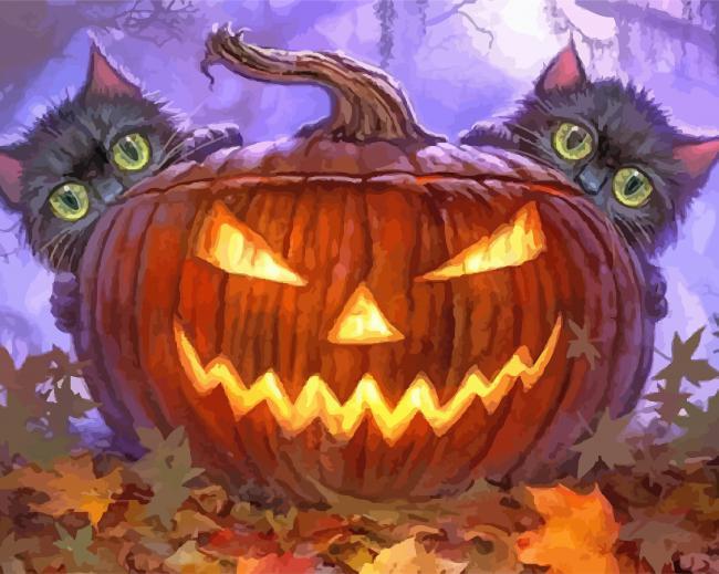 Halloween Katten en Pompoen Lamp Schilderen op Nummers