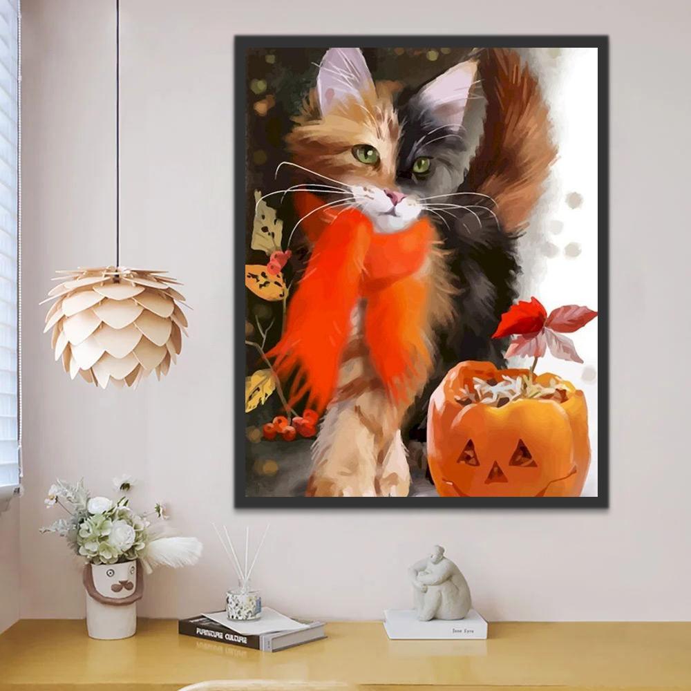 Halloween Pompoen en Kat met Rode Sjaal Schilderen op Nummers