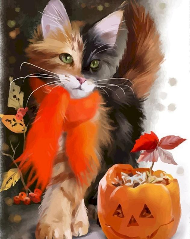 Halloween Pompoen en Kat met Rode Sjaal Schilderen op Nummers