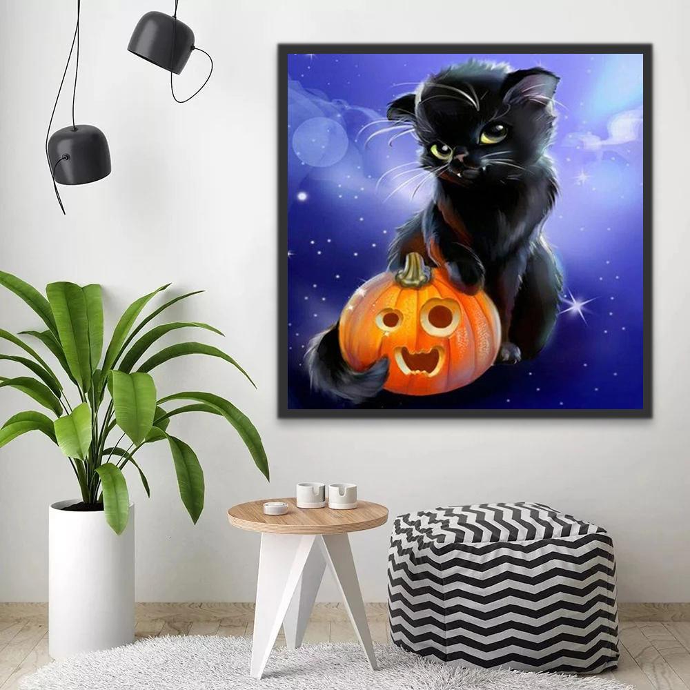 Halloween Pompoenlamp en Schattige Zwarte Kat Schilderen op Nummers