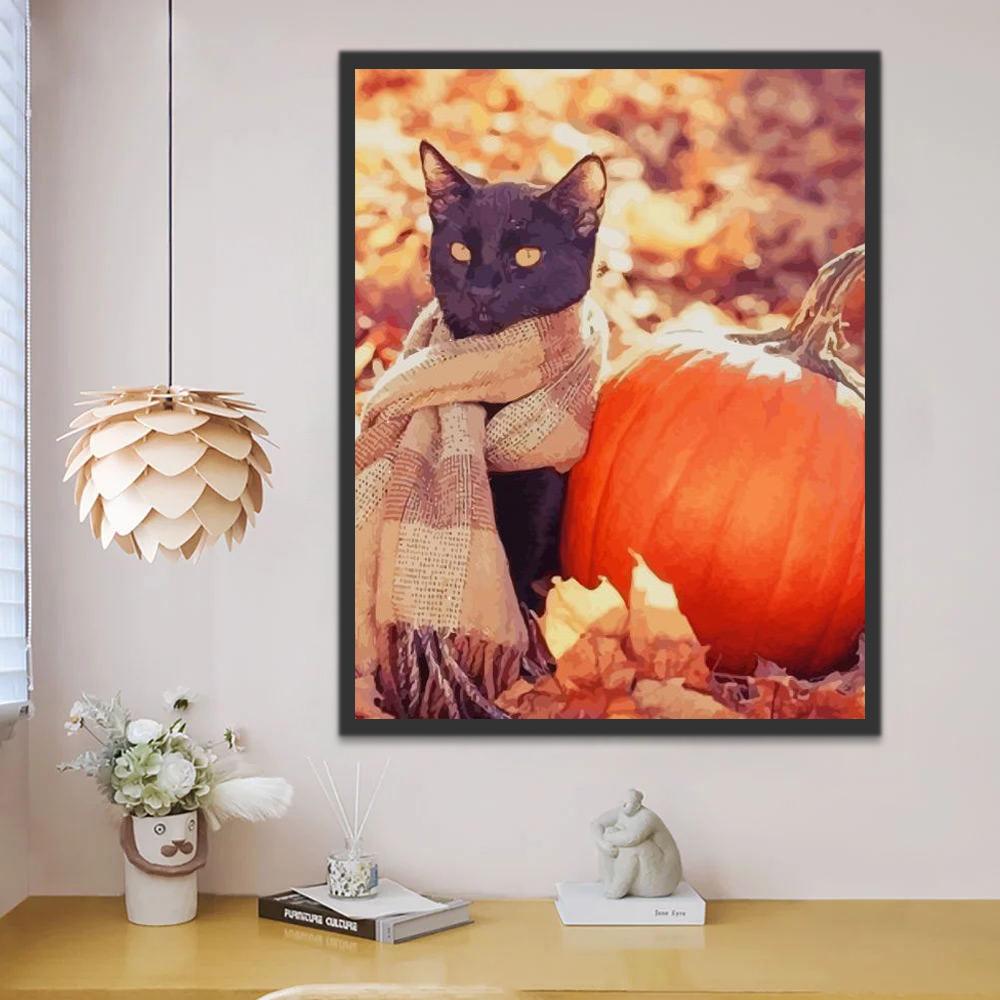 Halloween Zwarte Kat met Sjaal en Pompoen Schilderen op Nummers
