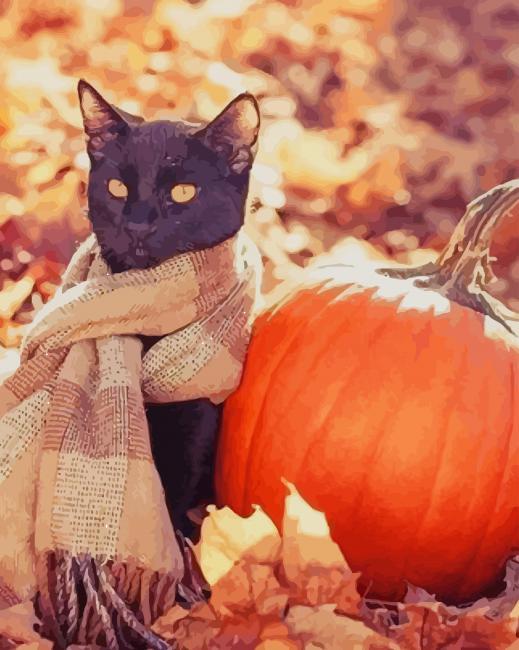 Halloween Zwarte Kat met Sjaal en Pompoen Schilderen op Nummers