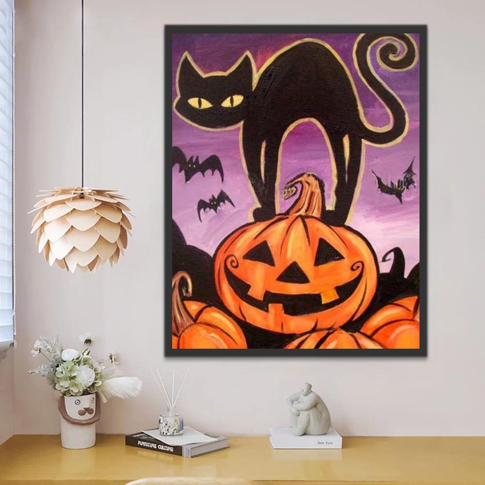 Halloween Zwarte Kat op Pompoen Schilderen op Nummers