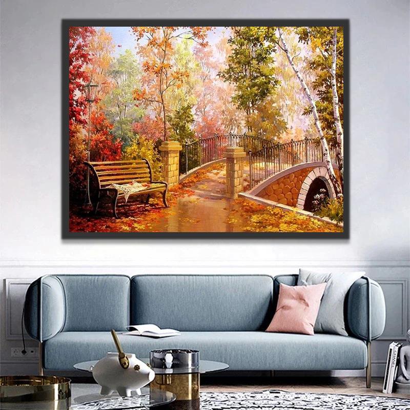 Herfstachtig Boslandschap met Bankje en Brug Schilderen op Nummers