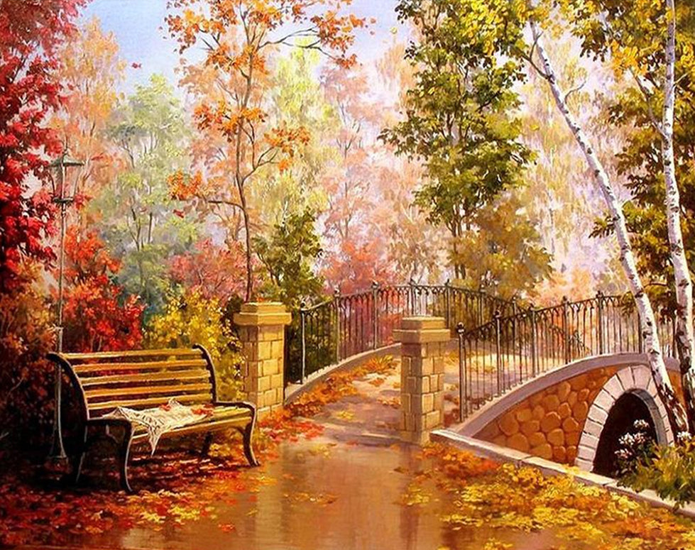 Herfstachtig Boslandschap met Bankje en Brug Schilderen op Nummers
