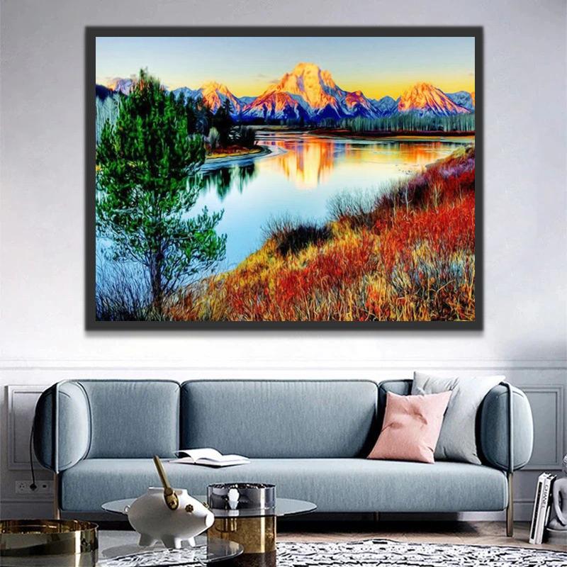 Herfstlandschap met Berg en Meer Schilderen op Nummers