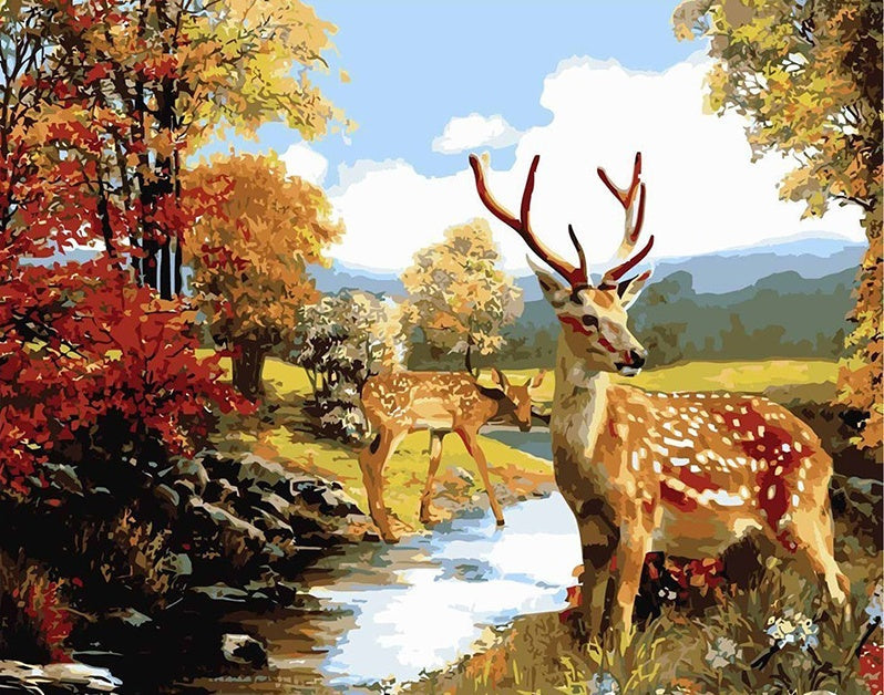 Herten bij de Rivier in de Herfst Schilderen op Nummers