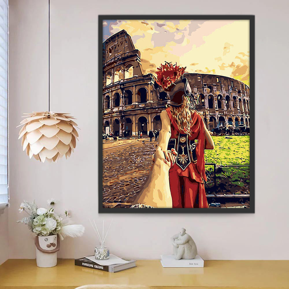 Het Colosseum in Rome en een Vrouw in een Opvallend Kostuum Schilderen op Nummers