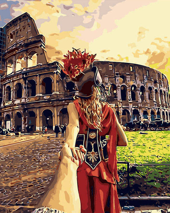 Het Colosseum in Rome en een Vrouw in een Opvallend Kostuum Schilderen op Nummers