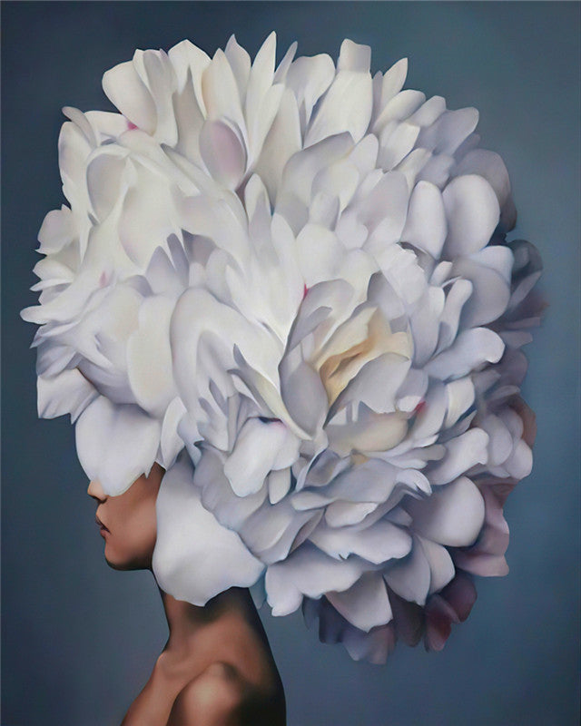 Het Hoofd van de Vrouw Bedekt met Weelderige Witte Bloemen Schilderen op Nummers