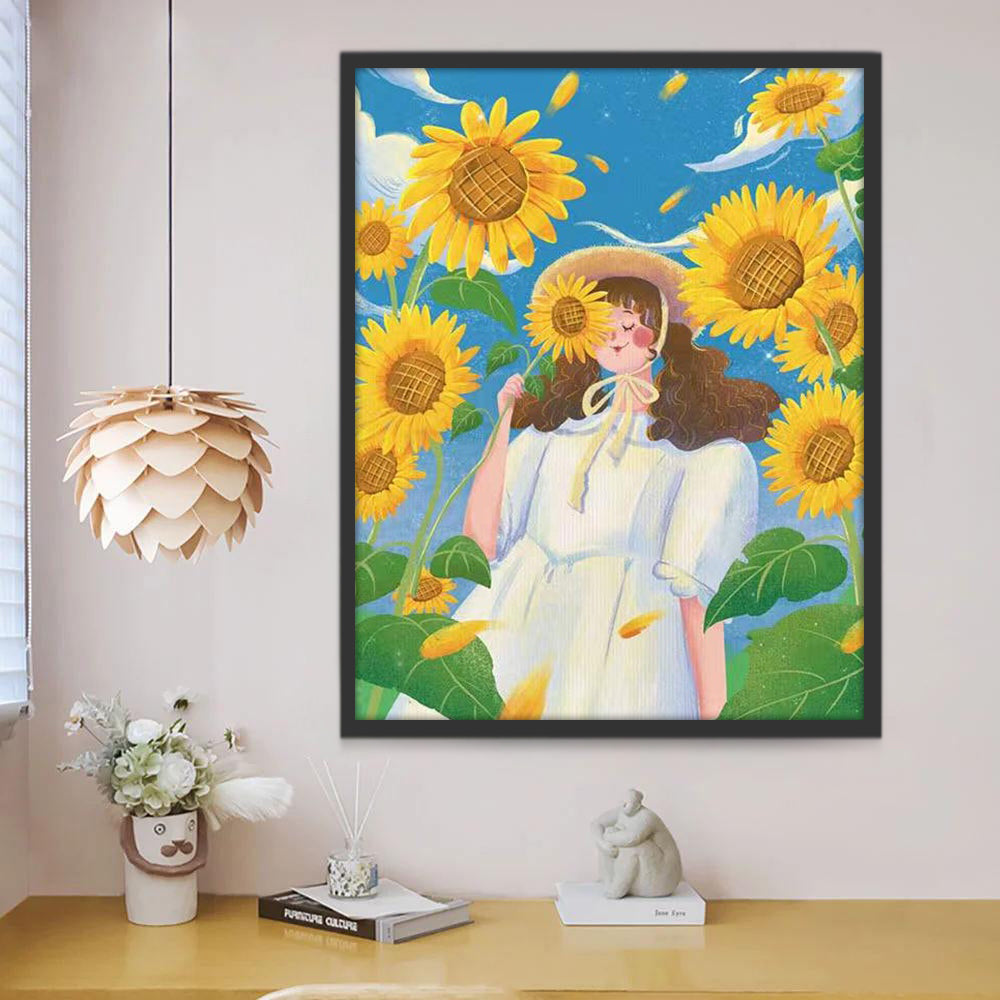 Het Meisje in de Witte Jurk met de Zonnebloem Schilderen op Nummers