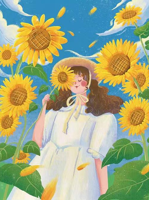 Het Meisje in de Witte Jurk met de Zonnebloem Schilderen op Nummers