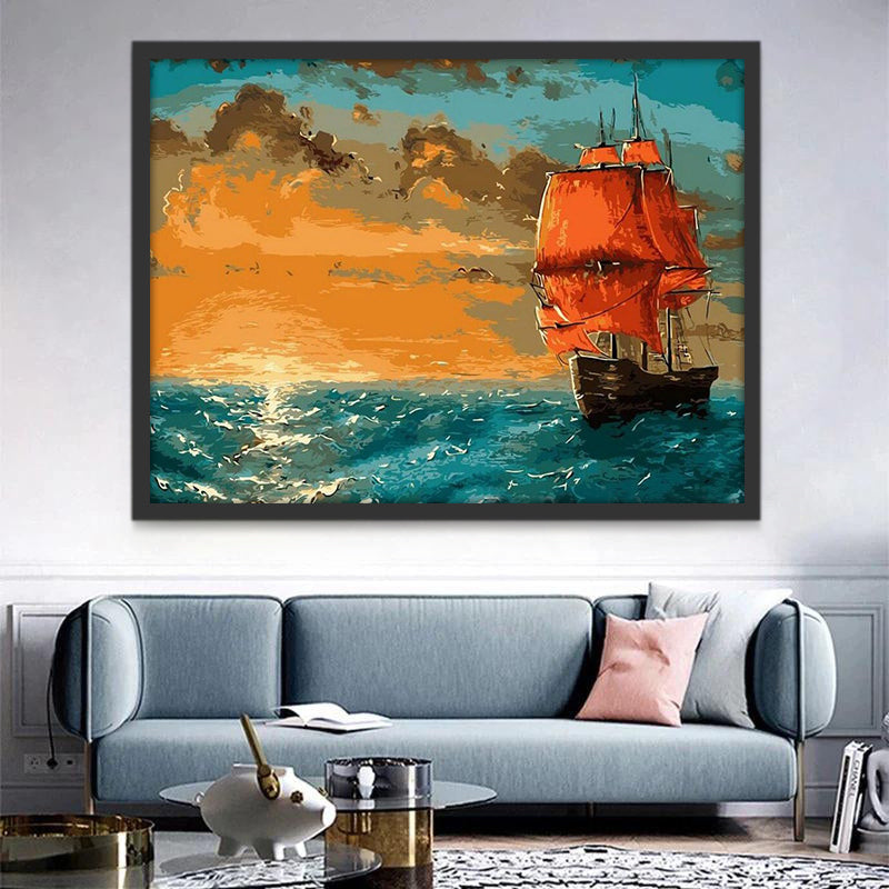 Het Schip Vaart in de Schemering van de Ondergaande Zon Schilderen op Nummers