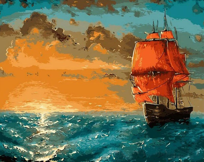 Het Schip Vaart in de Schemering van de Ondergaande Zon Schilderen op Nummers