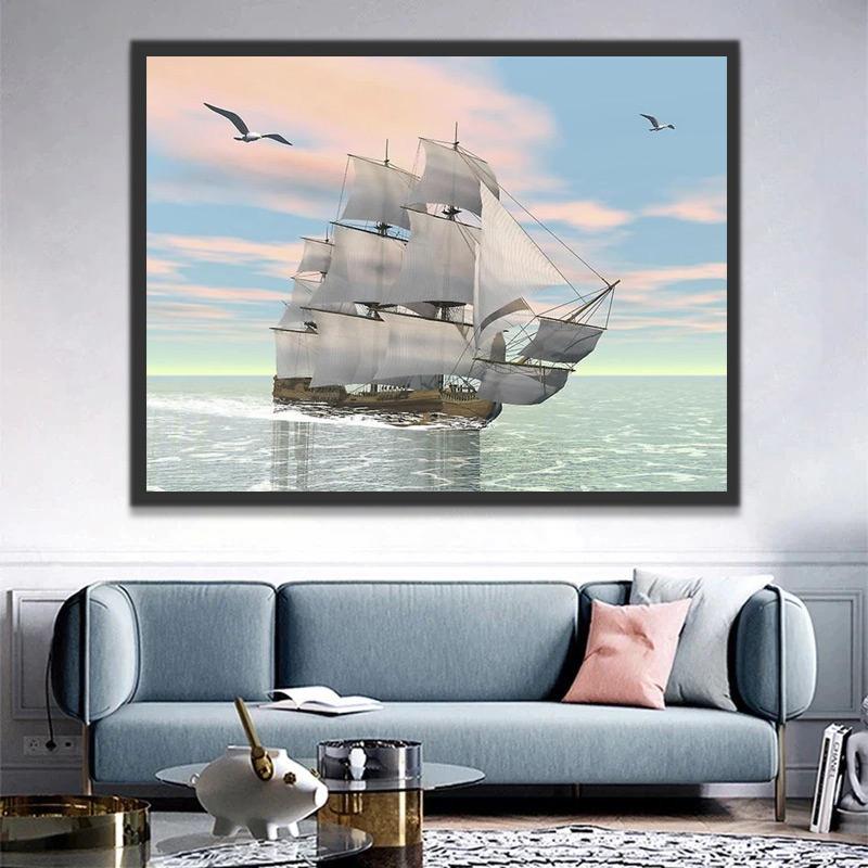 Het Witte Zeilschip dat Rustig vaart op Zee Schilderen op Nummers