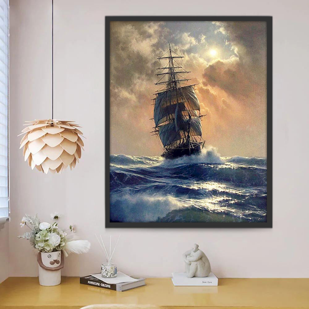 Het Zeilschip in de Stormachtige Zee onder een Donkere Hemel Schilderen op Nummers