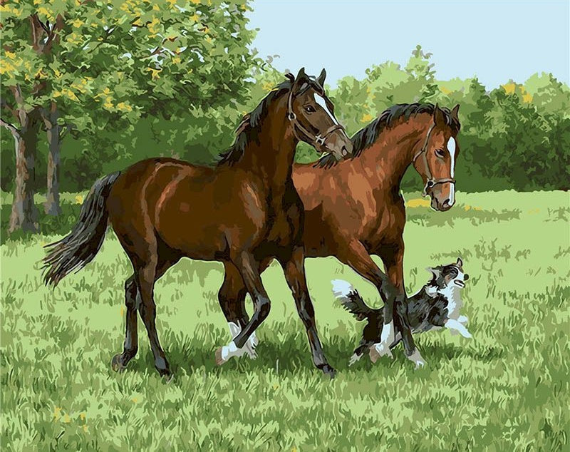 Hond en Twee Paarden in de Wei Schilderen op Nummers