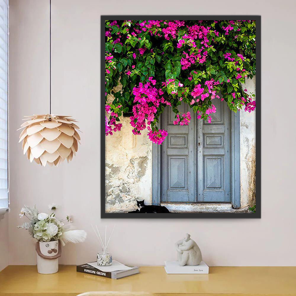 Houten deur Zwarte kat en roze bloemen Schilderen op Nummers